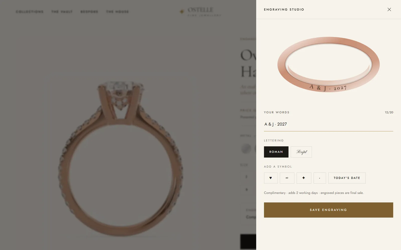Ostelle concept store engraving studio previewing text engraved inside a rose gold band