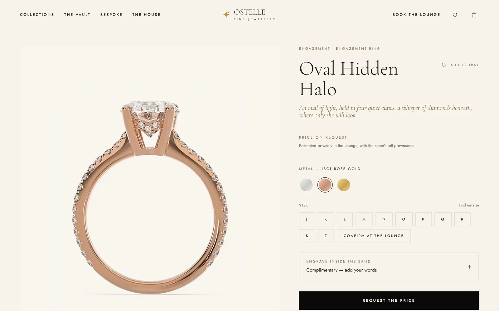 Ostelle concept store product page with the metal switcher set to rose gold and ring sizes shown