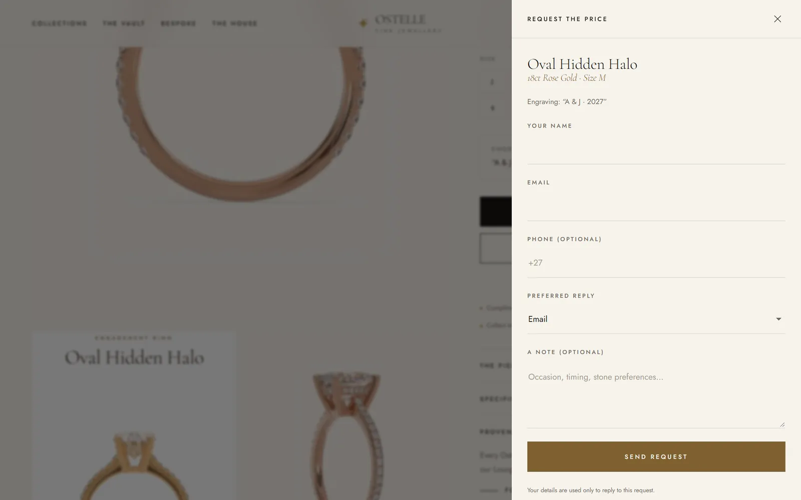 Ostelle concept store price request form with the ring, metal, size and engraving included