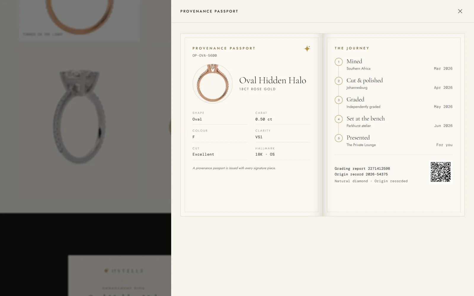 Ostelle concept store provenance passport showing a diamond’s grading and journey