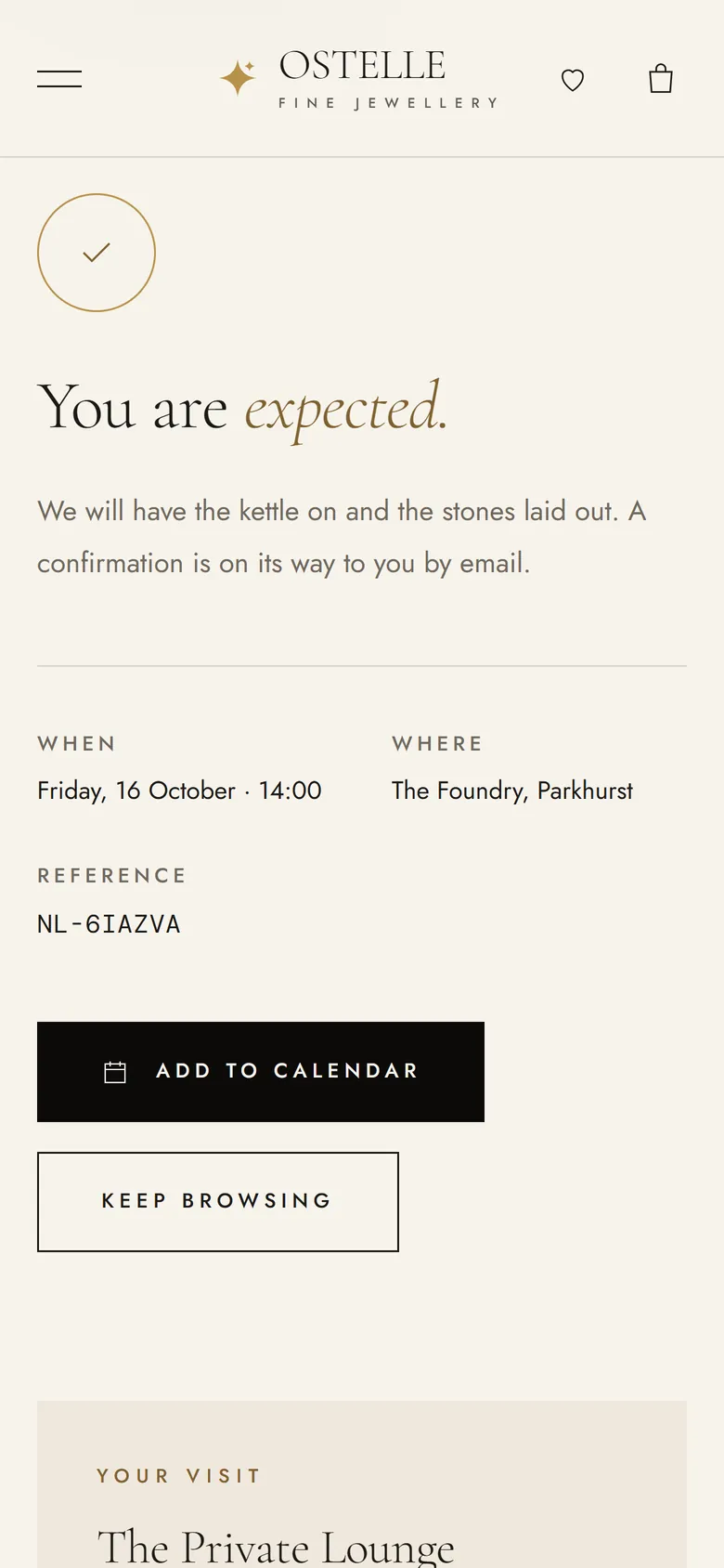 Ostelle concept store viewing confirmation on a phone, with the day, time and reference