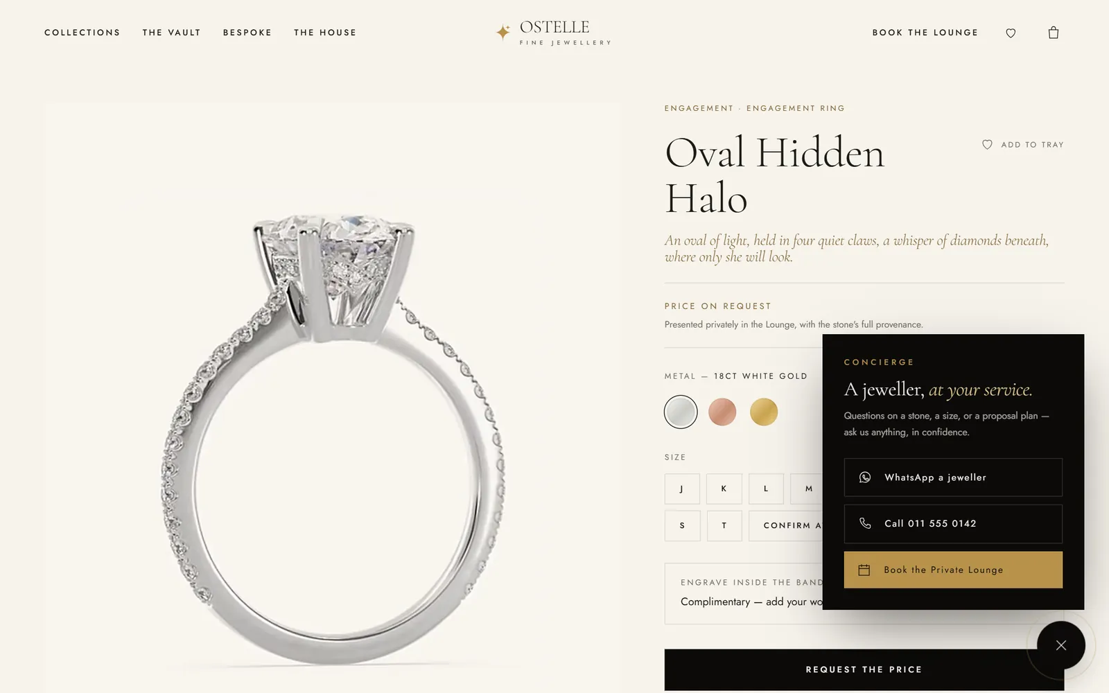 Ostelle concept store WhatsApp concierge panel open on a product page