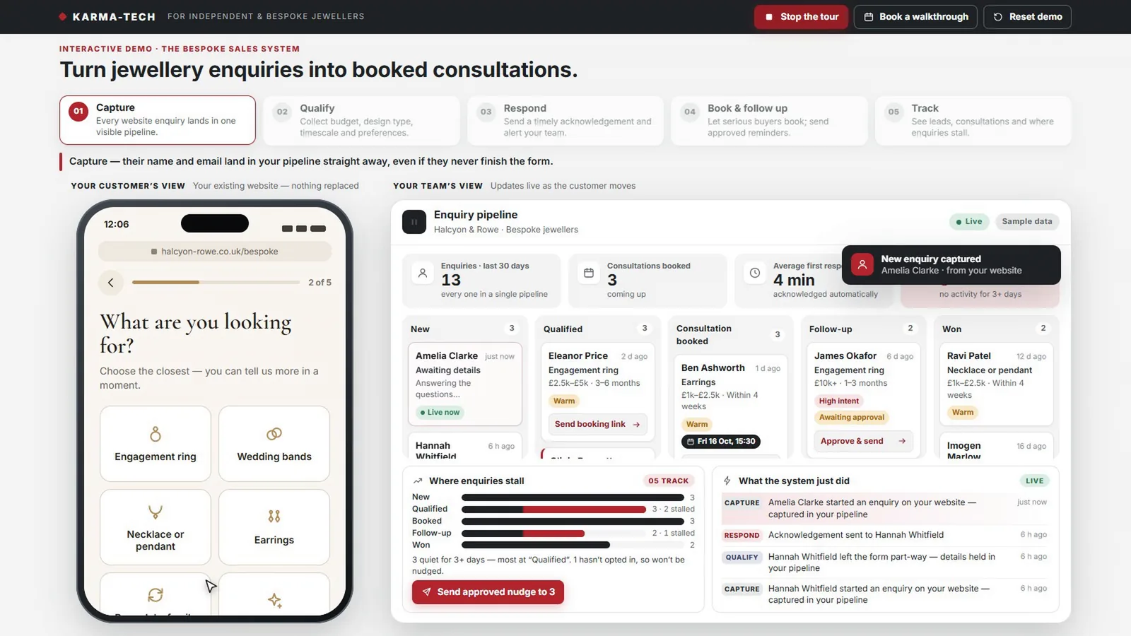 Bespoke Sales System demo, sample data: a customer starts a bespoke enquiry on the jeweller’s website and it appears at once in the team’s enquiry pipeline.